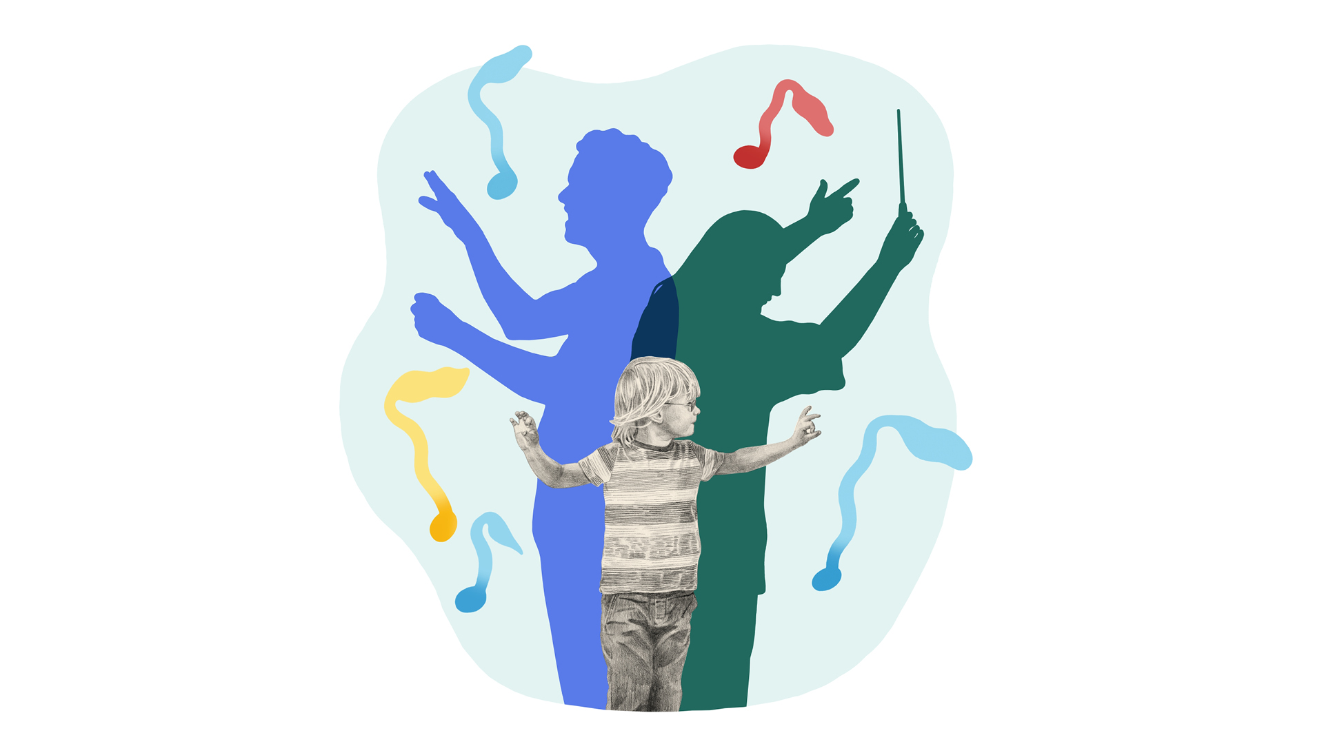 Illustration med två skuggpersoner och en blyertsillustration av ett barn framför. Alla dirigerar på olika sätt. Det finns noter runtom.