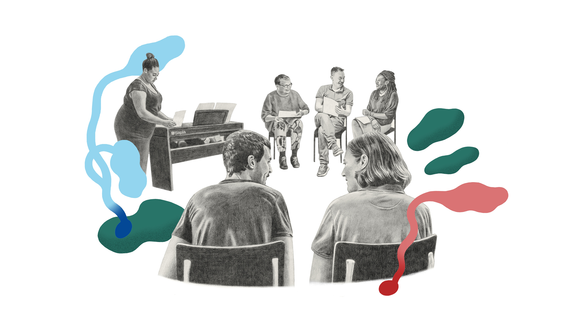 Illustration i blyerts av körsångare i cirkel på ett rep, med körledaren vid ett piano.