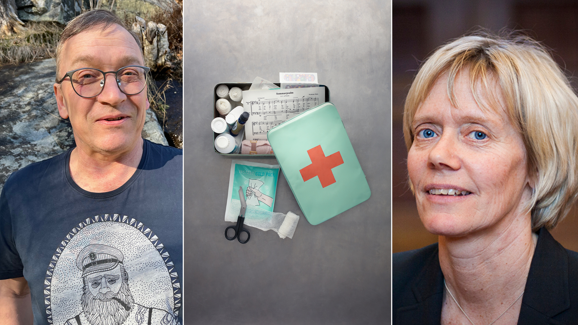 Collage med tre bilder: en man med glasögon, en förbandslåda och en kvinna med kort blont hår.